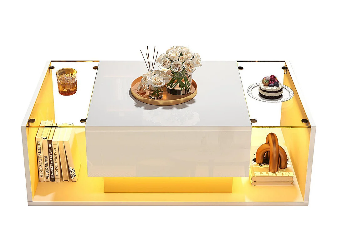 Table basse 1 tiroir LED bande lumineuse verre trempé brillante design minimaliste blanc