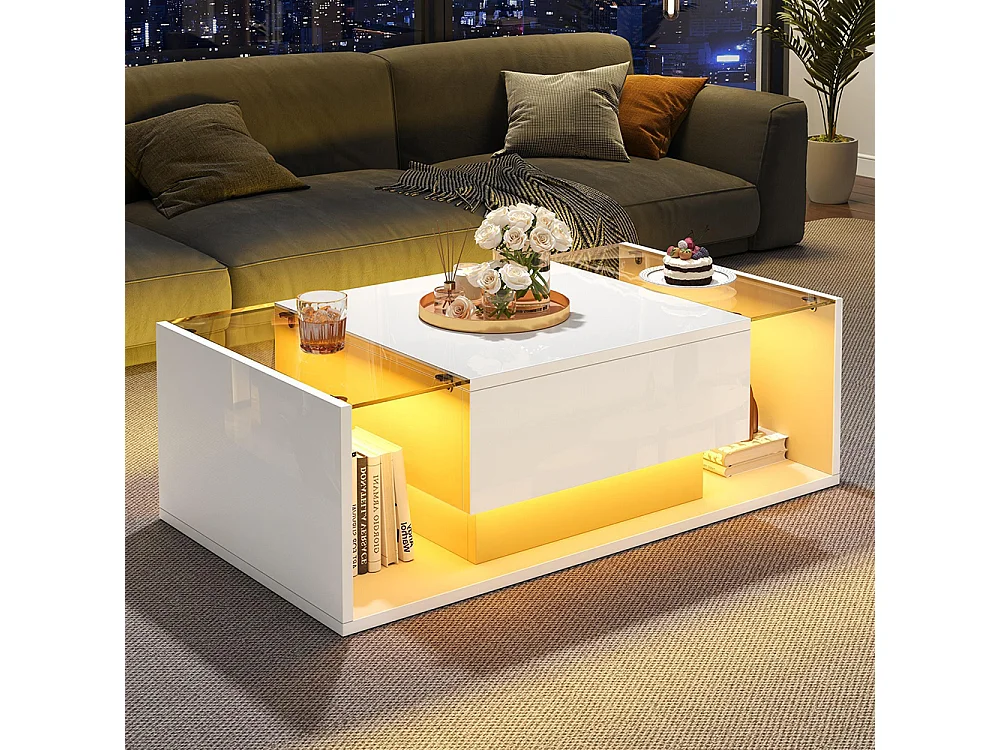 Table basse 1 tiroir LED bande lumineuse verre trempé brillante design minimaliste blanc