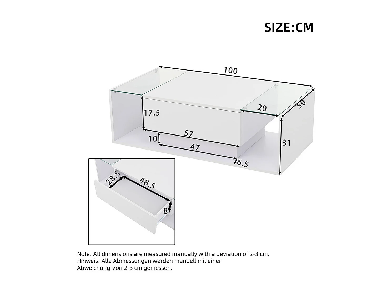 Table basse 1 tiroir LED bande lumineuse verre trempé brillante design minimaliste blanc