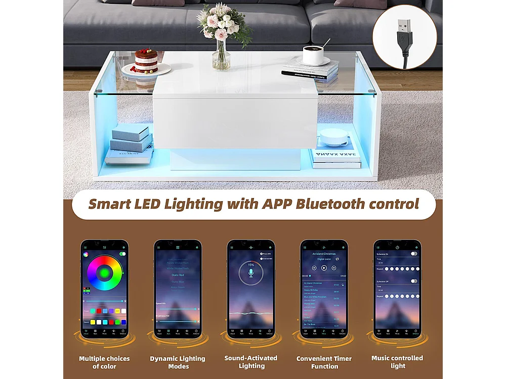 Table basse 1 tiroir LED bande lumineuse verre trempé brillante design minimaliste blanc