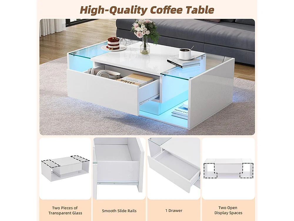 Table basse 1 tiroir LED bande lumineuse verre trempé brillante design minimaliste blanc
