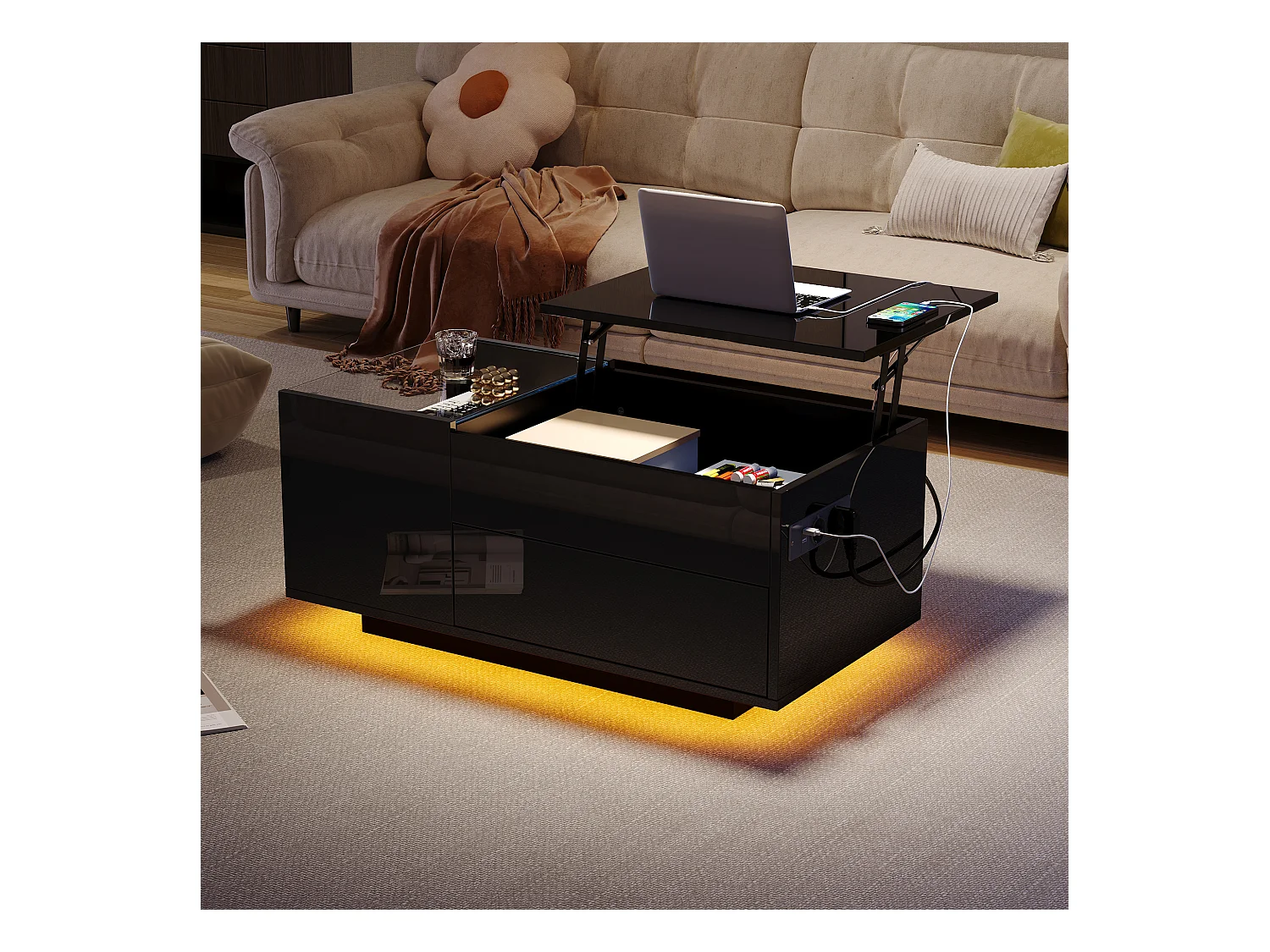 Mesa de centro preta com tampo regulável em altura - Mesa de centro com iluminação LED e 1 gaveta - Arrumação aberta