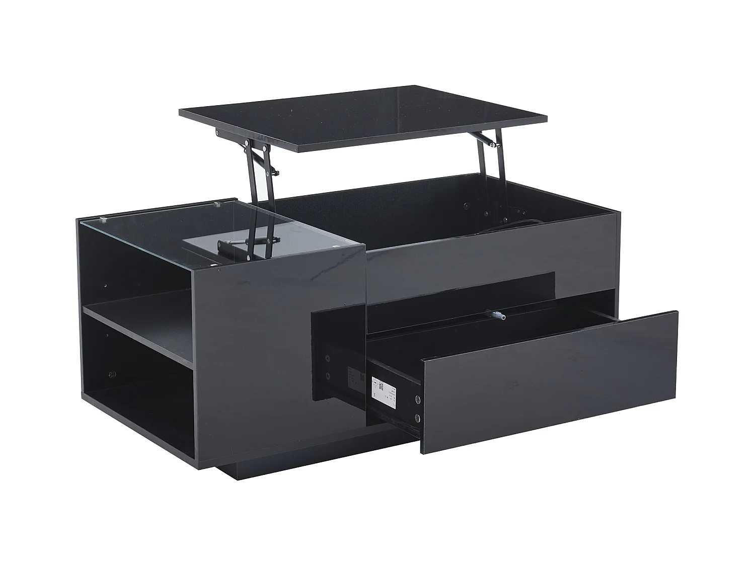 Mesa de centro preta com tampo regulável em altura - Mesa de centro com iluminação LED e 1 gaveta - Arrumação aberta