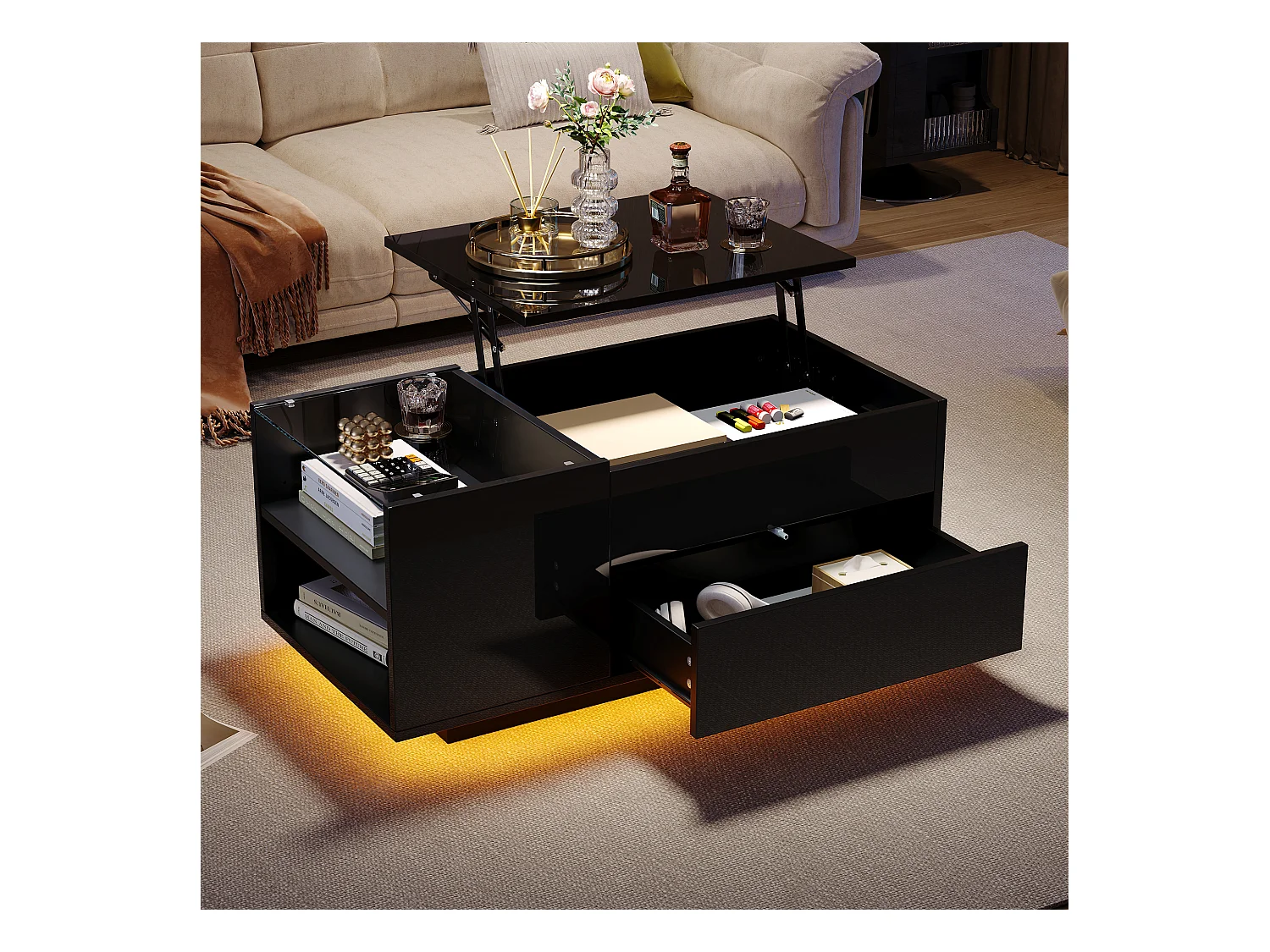 Mesa de centro negra con tablero regulable en altura – Mesa de centro con iluminación LED y 1 cajón – Almacenamiento abierto