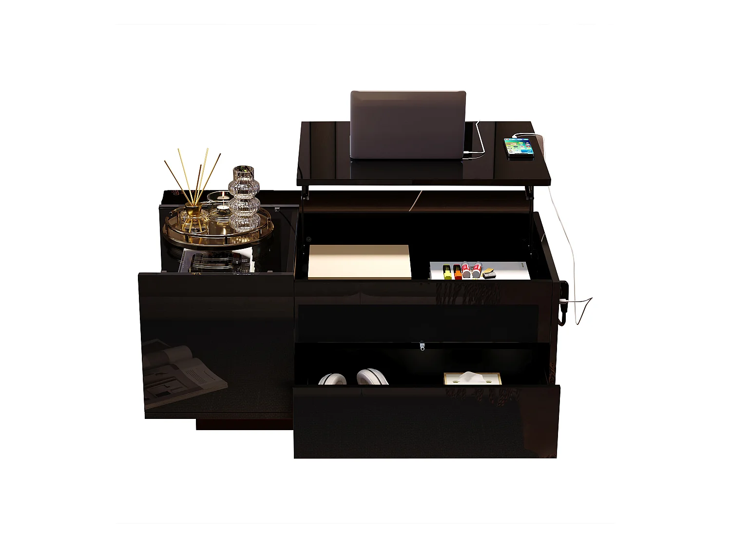 Czarny stolik kawowy z regulowanym blatem - Stolik kawowy z oświetleniem LED i 1 szufladą - Otwarta przestrzeń do przechowywania