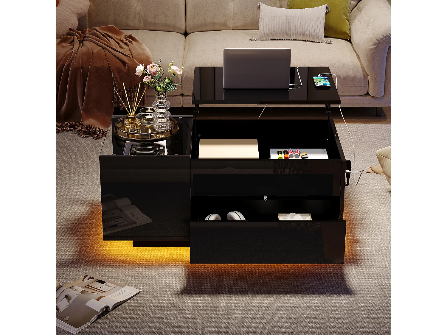 Table basse noir avec plateau réglable en hauteur – Table basse avec éclairage LED et 1 tiroir – rangement ouvert