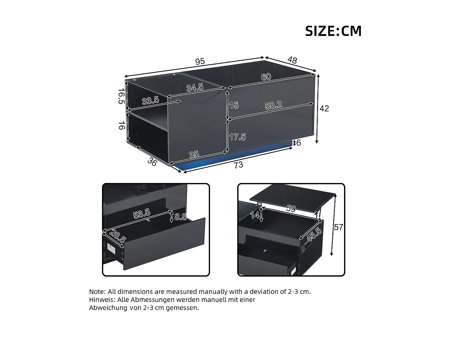 Table basse noir avec plateau réglable en hauteur – Table basse avec éclairage LED et 1 tiroir – rangement ouvert