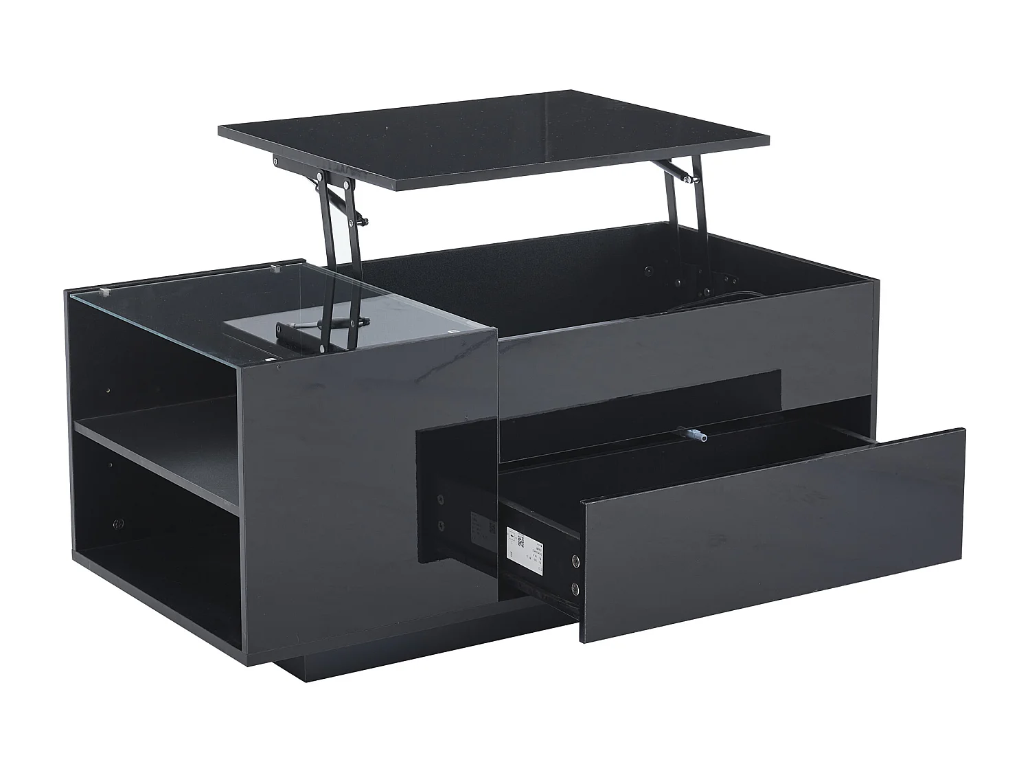 Table basse noir avec plateau réglable en hauteur – Table basse avec éclairage LED et 1 tiroir – rangement ouvert