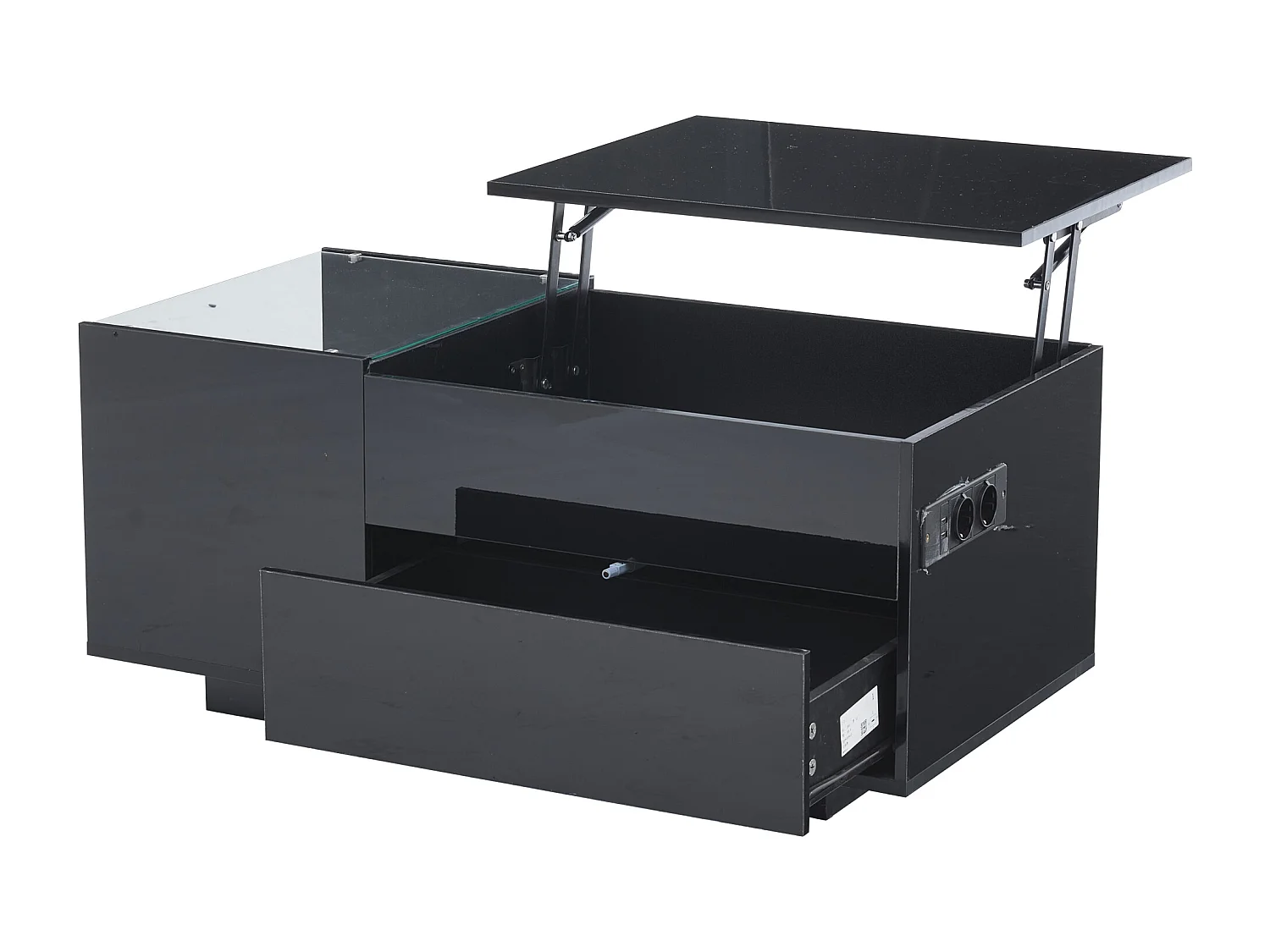 Table basse noir avec plateau réglable en hauteur – Table basse avec éclairage LED et 1 tiroir – rangement ouvert