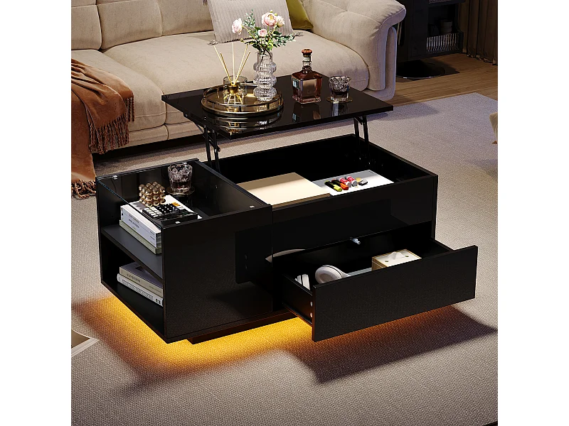 Table basse noir avec plateau réglable en hauteur – Table basse avec éclairage LED et 1 tiroir – rangement ouvert