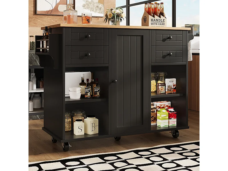 Desserte de cuisine noire - Îlot central de cuisine avec 4 tiroirs et 1 porte - etagère à épices et porte-serviettes - rangement ouvert