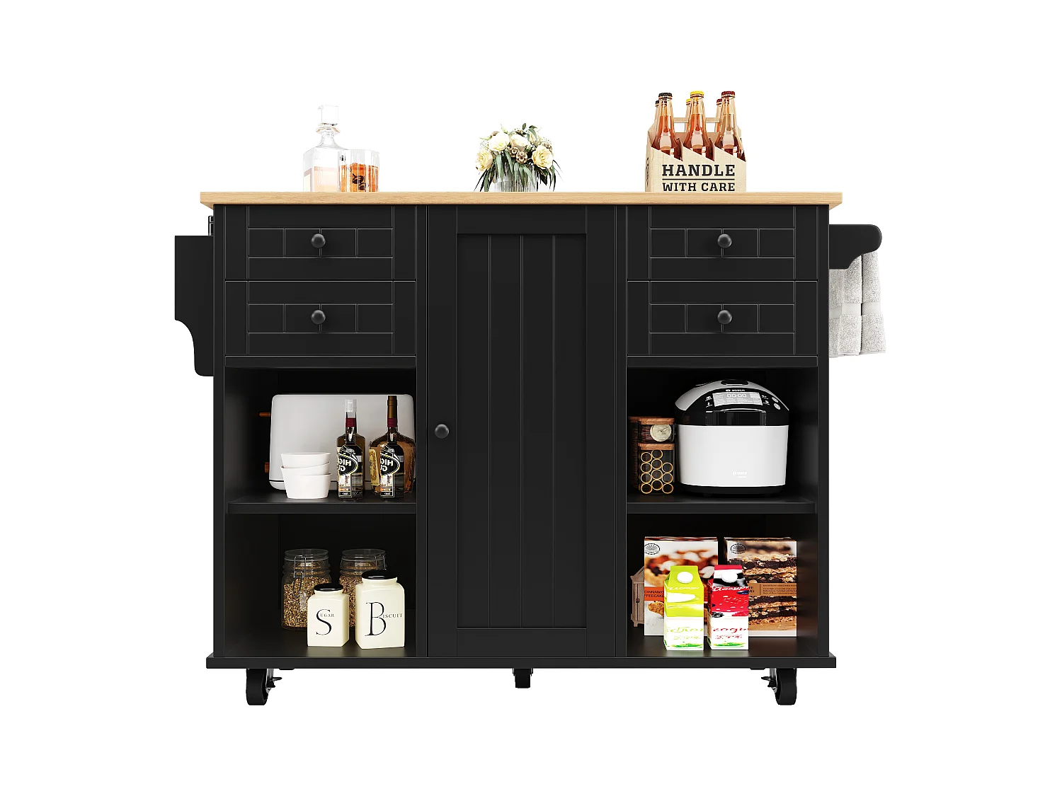Carrinho de cozinha preto - Ilha de cozinha com 4 gavetas e 1 porta - Porta-tempero e toalheiro - Tampo aberto
