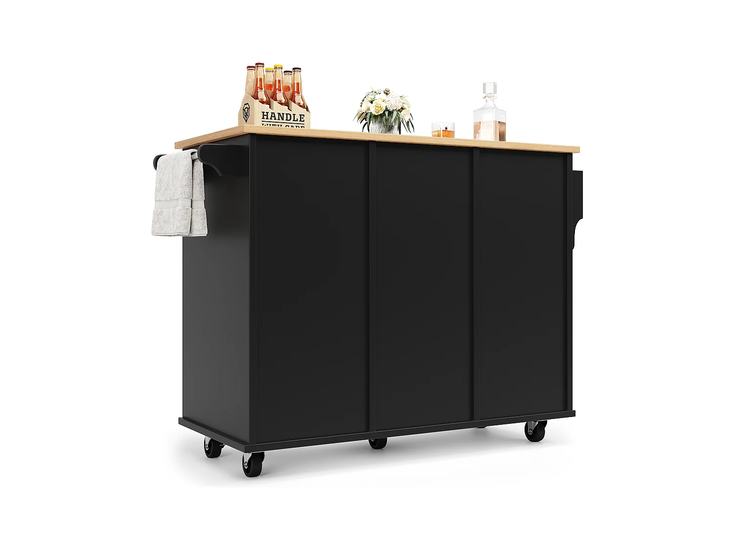 Carrinho de cozinha preto - Ilha de cozinha com 4 gavetas e 1 porta - Porta-tempero e toalheiro - Tampo aberto