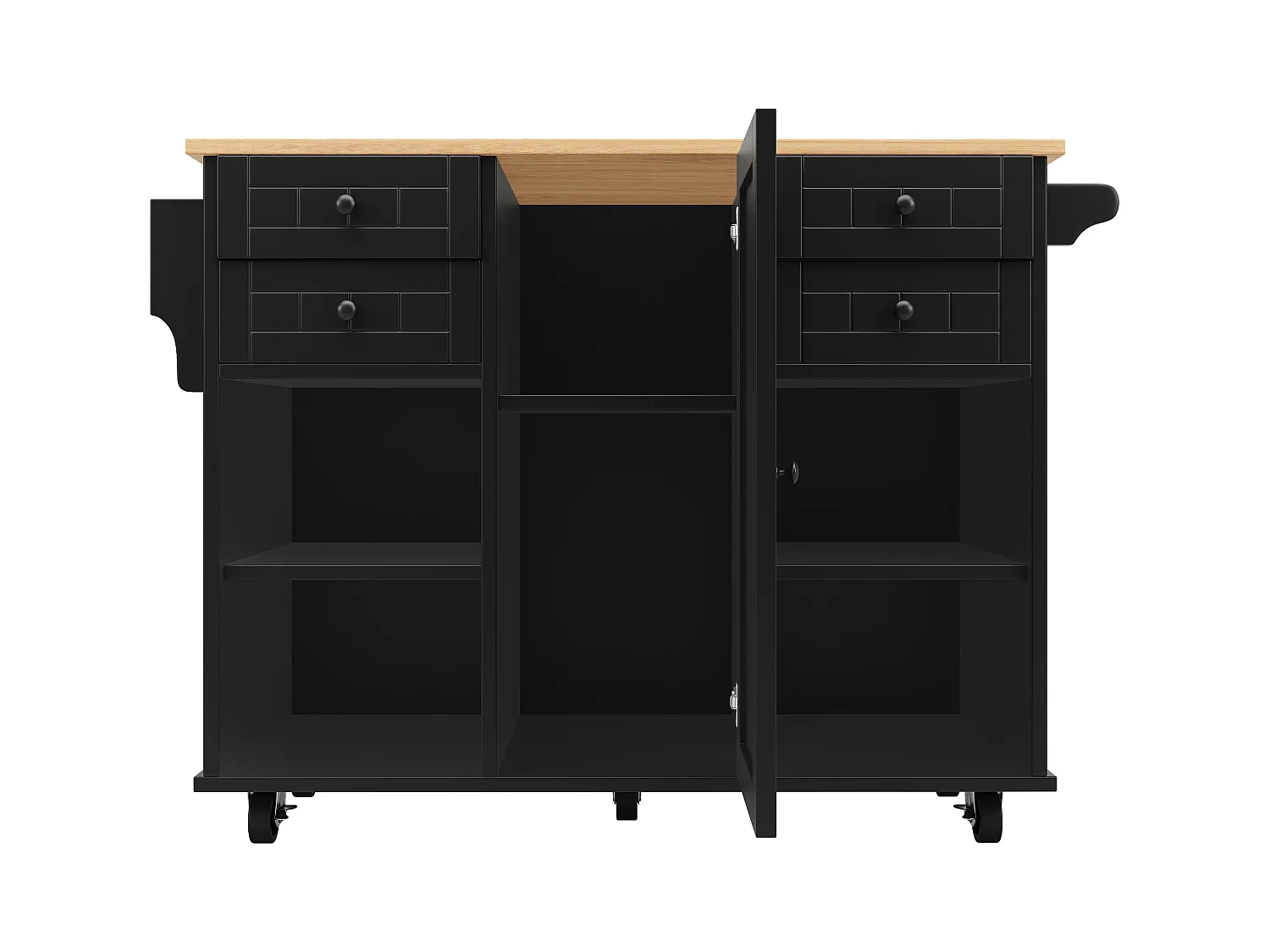 Carrinho de cozinha preto - Ilha de cozinha com 4 gavetas e 1 porta - Porta-tempero e toalheiro - Tampo aberto