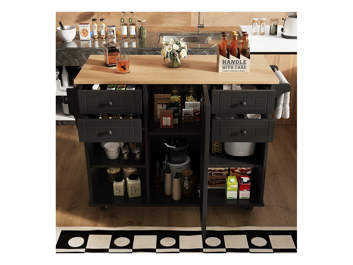 Czarny wózek kuchenny - Wyspa kuchenna z 4 szufladami i 1 drzwiami - Półka na przyprawy i wieszak na ręczniki - Otwarte schowki
