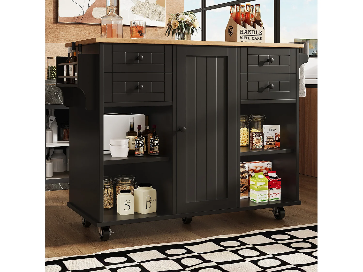 Desserte de cuisine noire - Îlot central de cuisine avec 4 tiroirs et 1 porte - etagère à épices et porte-serviettes - rangement ouvert