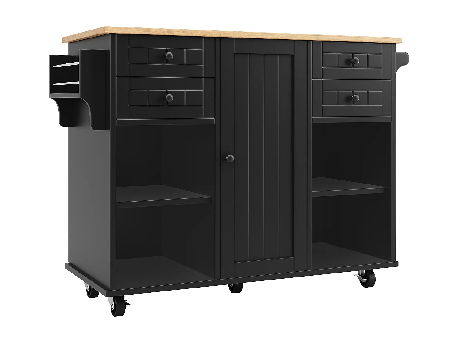 Desserte de cuisine noire - Îlot central de cuisine avec 4 tiroirs et 1 porte - etagère à épices et porte-serviettes - rangement ouvert