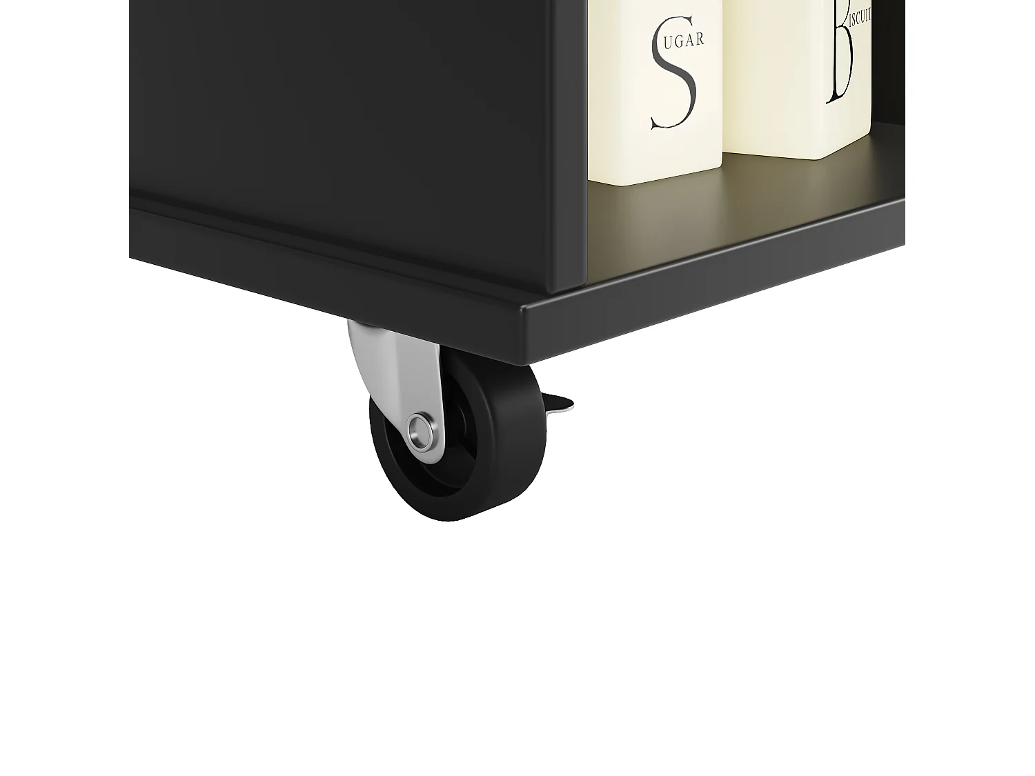 Desserte de cuisine noire - Îlot central de cuisine avec 4 tiroirs et 1 porte - etagère à épices et porte-serviettes - rangement ouvert