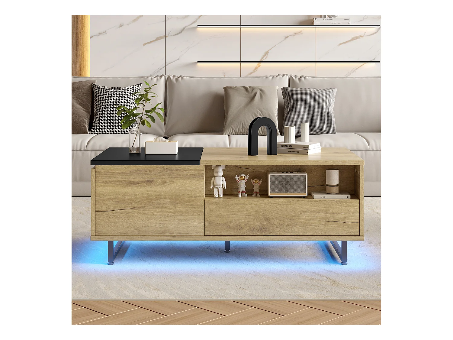 Mesa de centro com tampo elevatório - Mesa de centro com 1 porta e iluminação LED - tampo deslizante preto