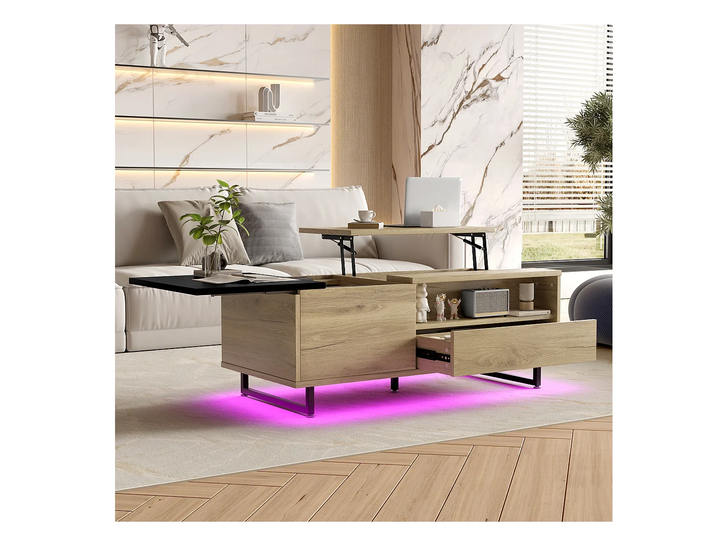 Mesa de centro com tampo elevatório - Mesa de centro com 1 porta e iluminação LED - tampo deslizante preto