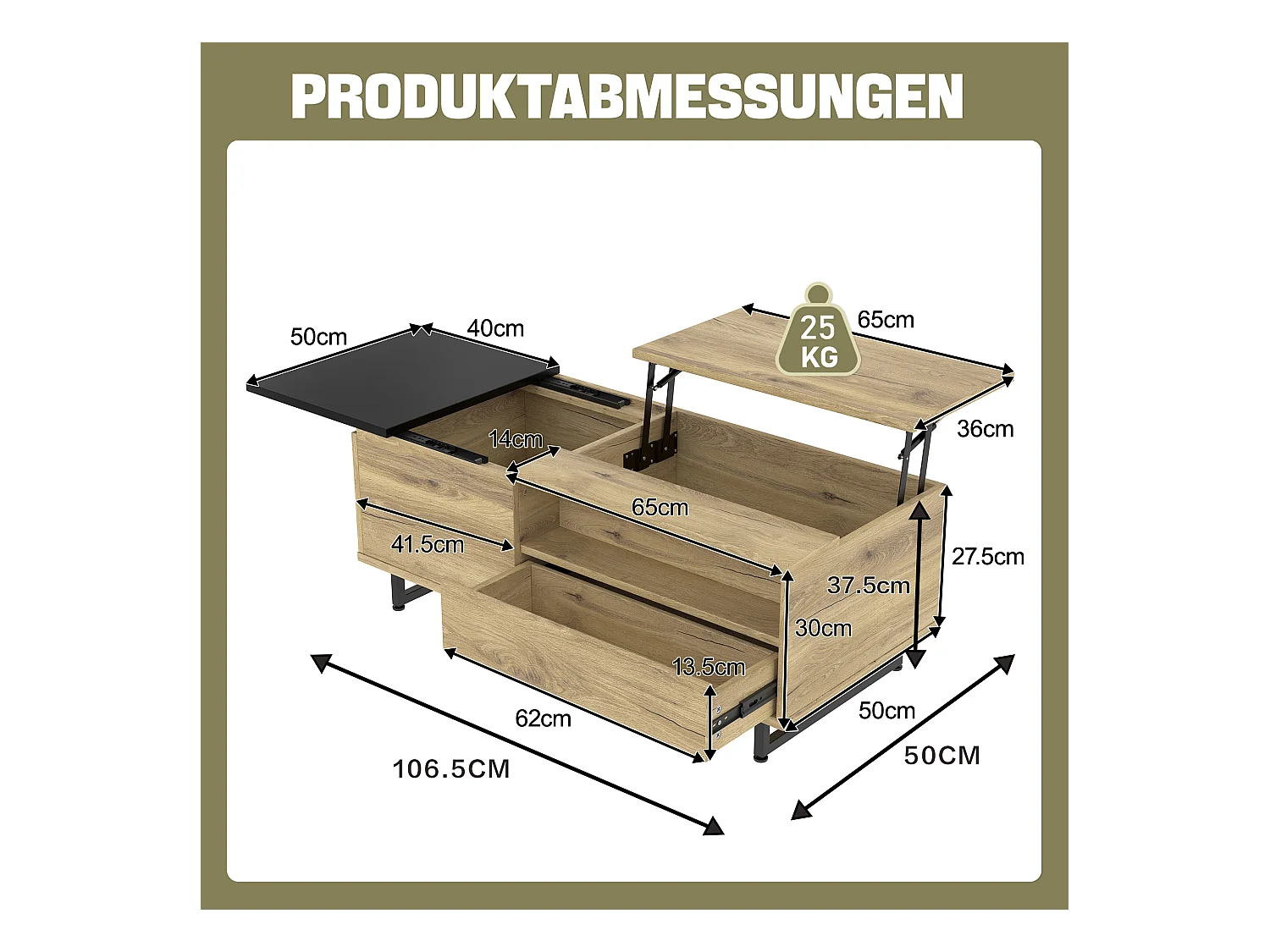 Mesa de centro com tampo elevatório - Mesa de centro com 1 porta e iluminação LED - tampo deslizante preto