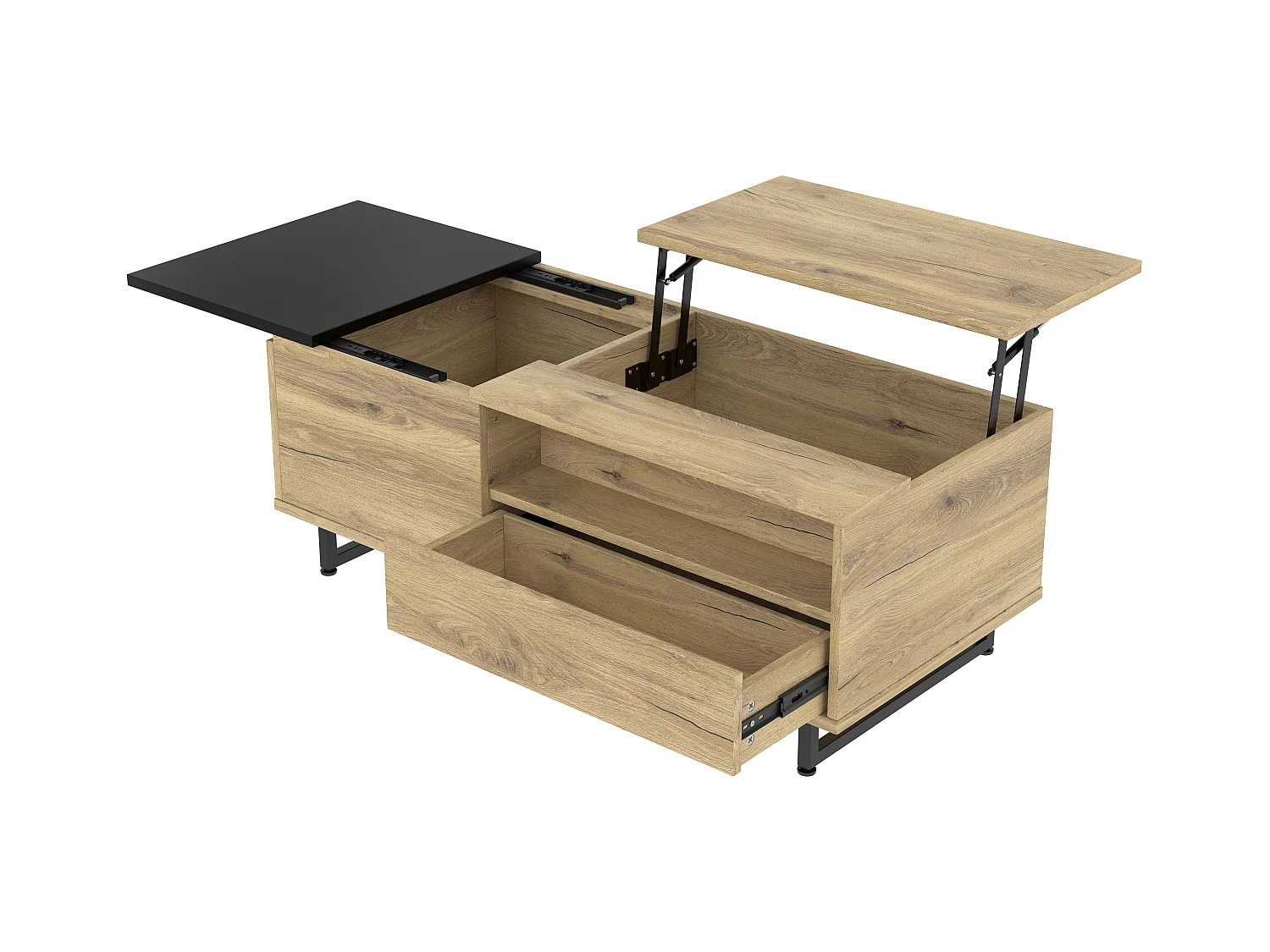 Mesa de centro com tampo elevatório - Mesa de centro com 1 porta e iluminação LED - tampo deslizante preto