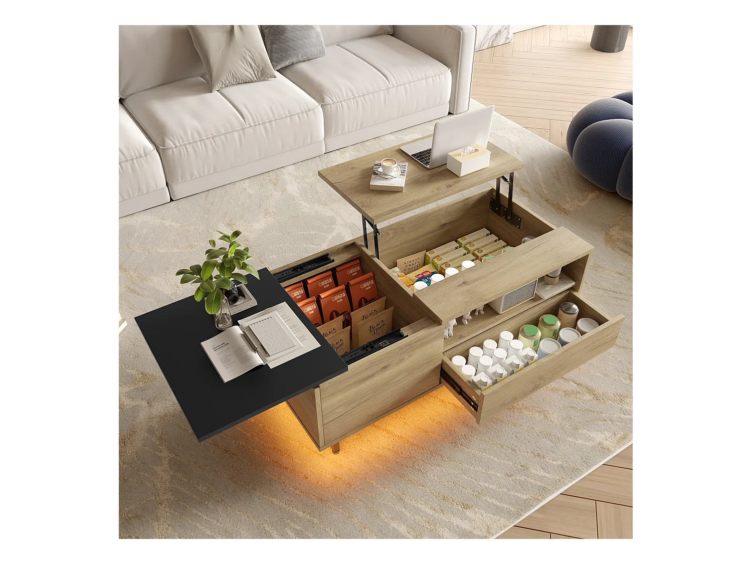 Salontafel met opklapbaar blad - Salontafel met 1 deur en LED-verlichting - schuifbaar zwart blad