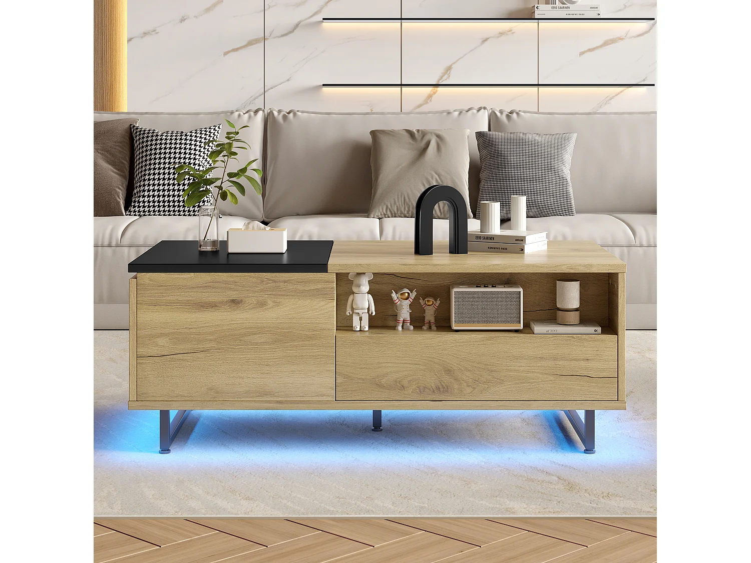 Table basse avec plateau relevable - Table basse avec 1 porte et éclairage LED - plateau noir coulissant