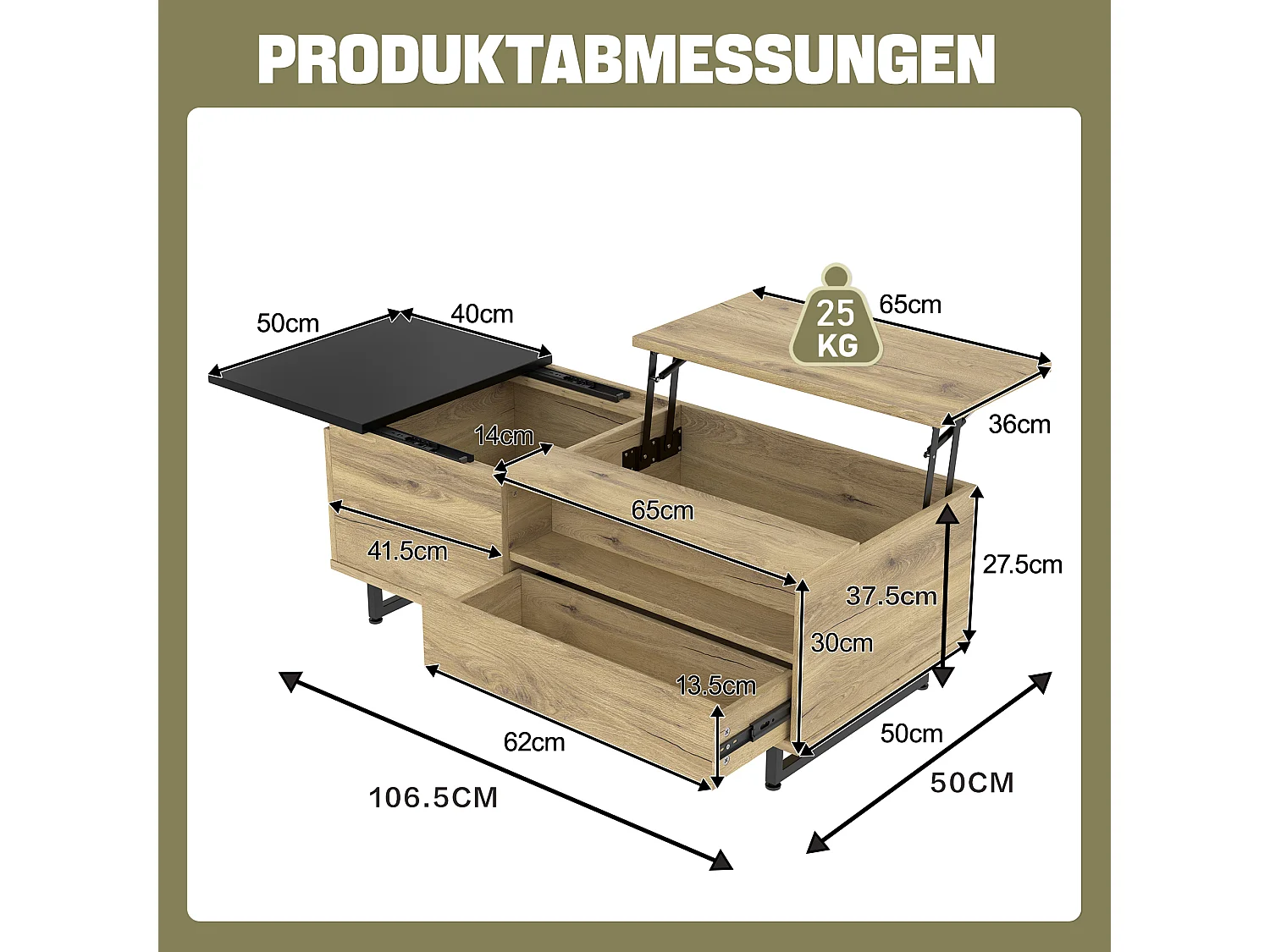 Table basse avec plateau relevable - Table basse avec 1 porte et éclairage LED - plateau noir coulissant
