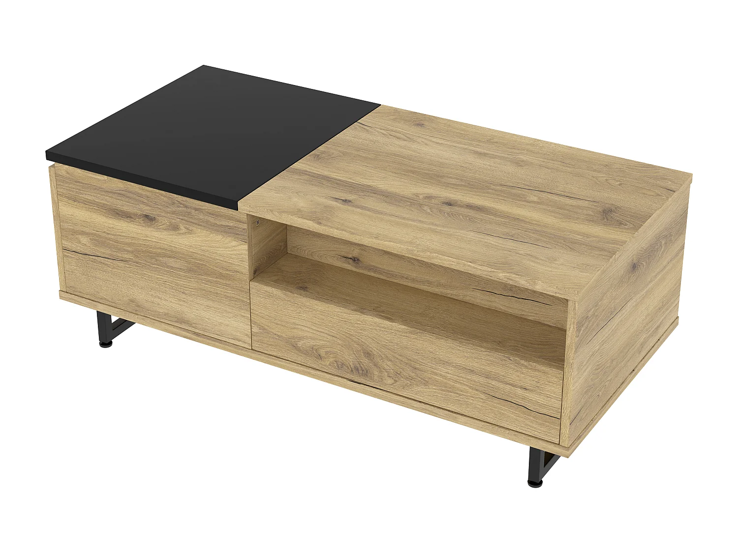 Table basse avec plateau relevable - Table basse avec 1 porte et éclairage LED - plateau noir coulissant