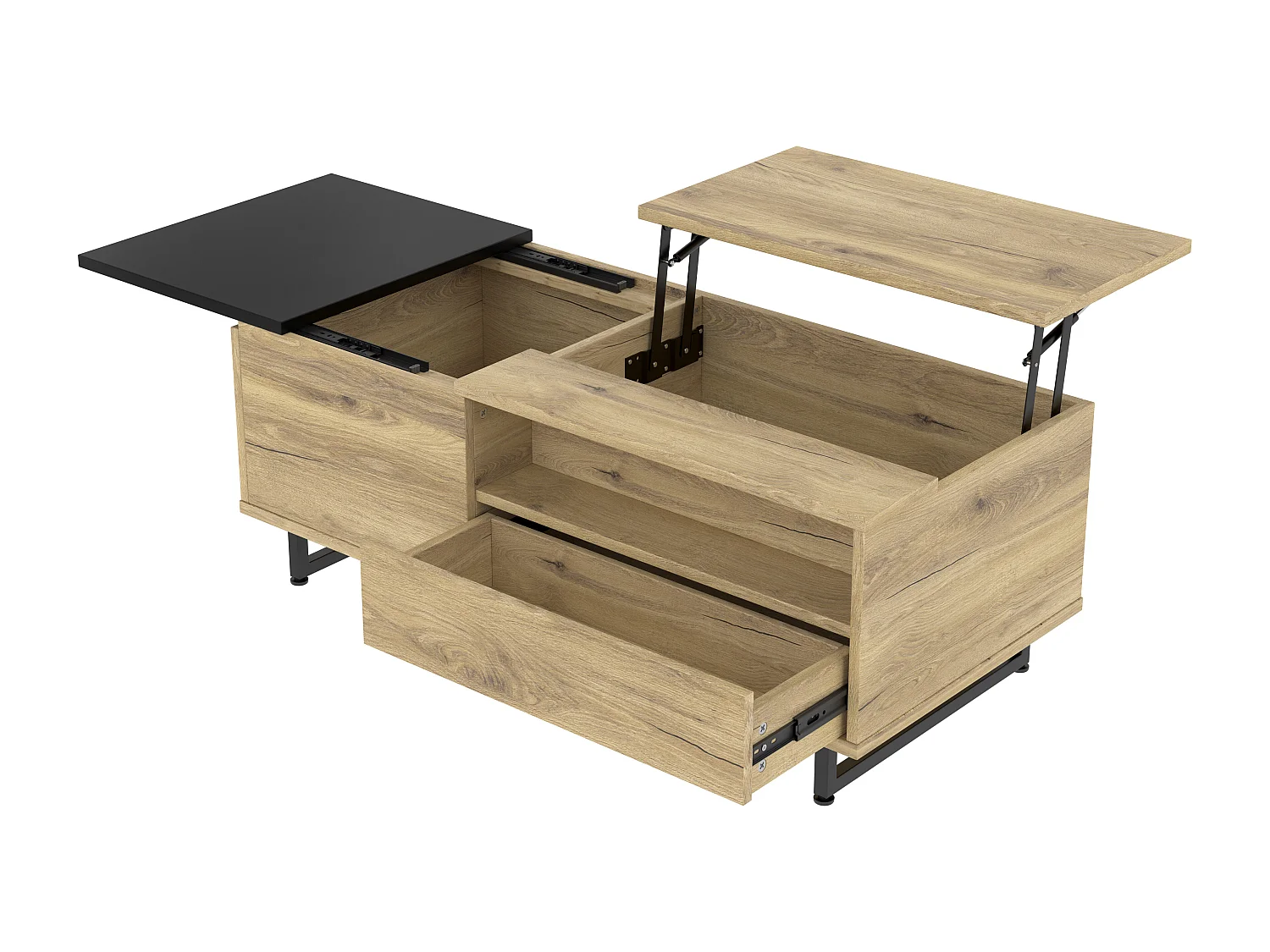 Table basse avec plateau relevable - Table basse avec 1 porte et éclairage LED - plateau noir coulissant