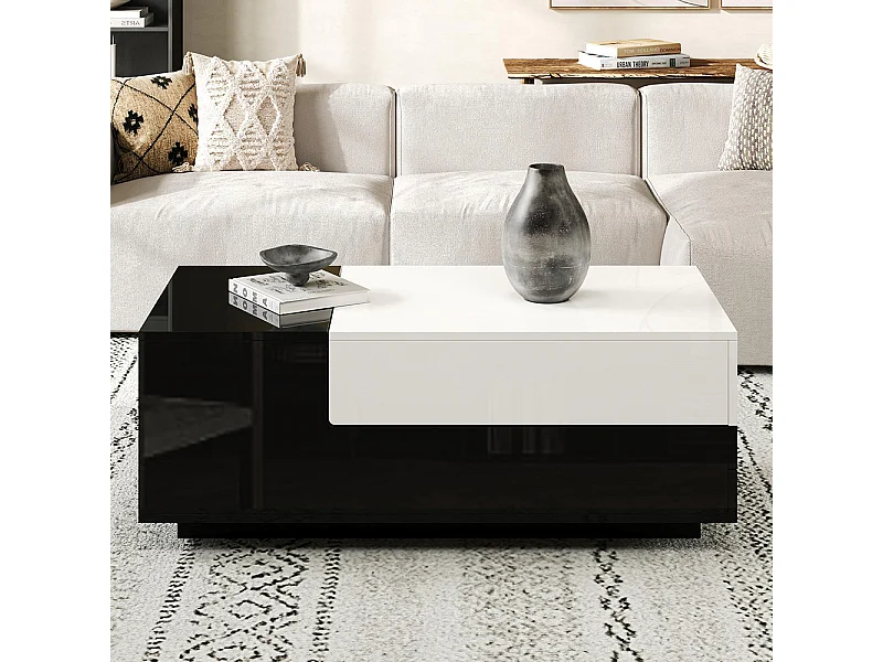 Table basse brillante plateau coulissant 1 tiroir motif cousu noir blanc grand rangement géométrique