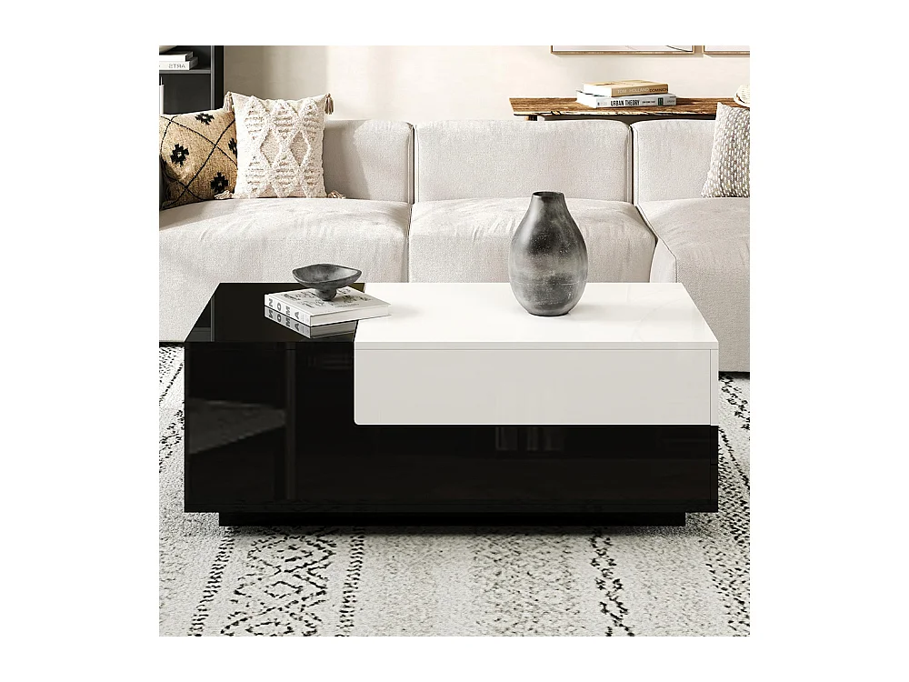 Table basse brillante plateau coulissant 1 tiroir motif cousu noir blanc grand rangement géométrique