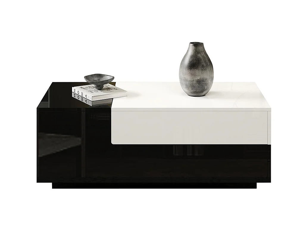 Table basse brillante plateau coulissant 1 tiroir motif cousu noir blanc grand rangement géométrique
