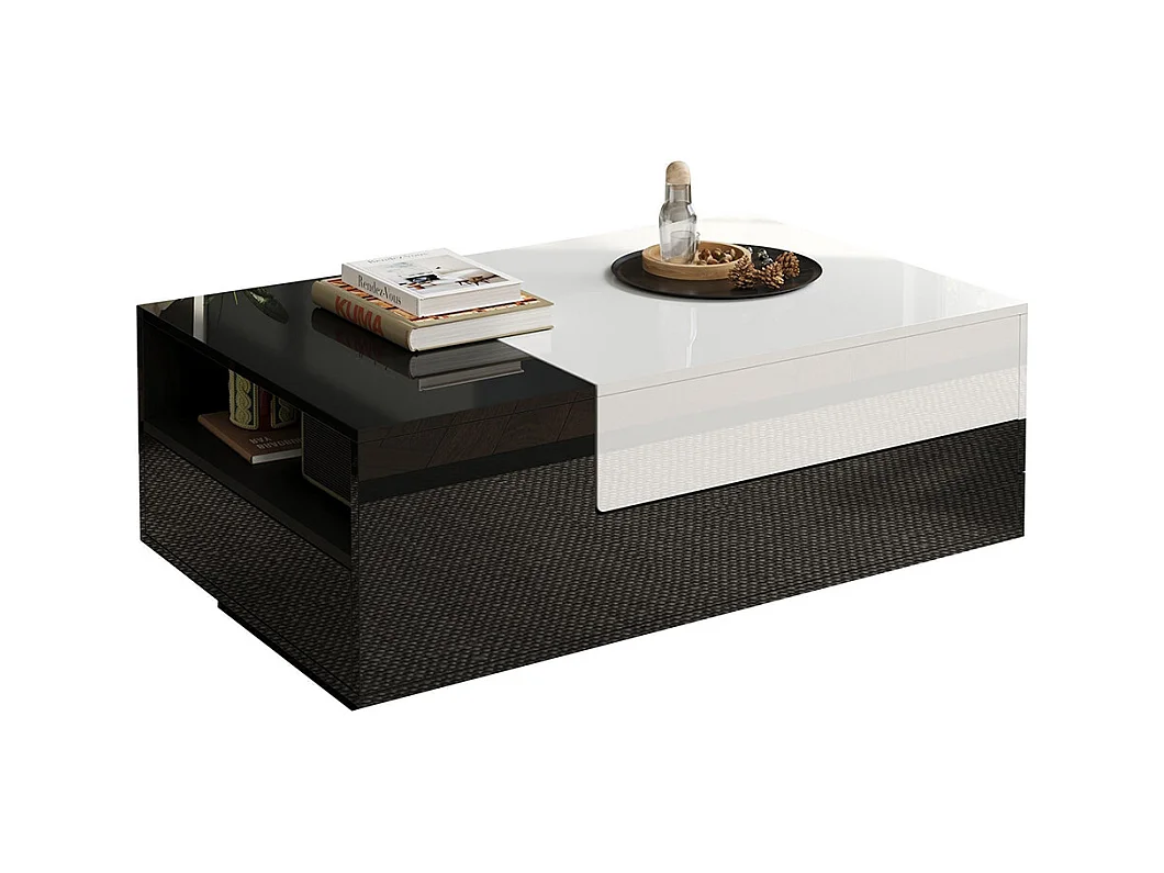 Table basse brillante plateau coulissant 1 tiroir motif cousu noir blanc grand rangement géométrique