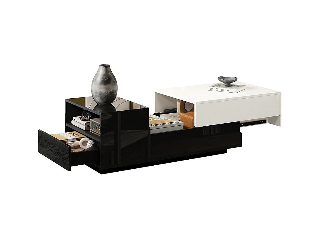 Table basse brillante plateau coulissant 1 tiroir motif cousu noir blanc grand rangement géométrique