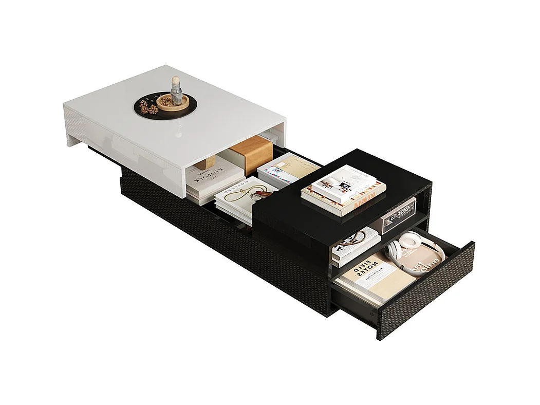 Table basse brillante plateau coulissant 1 tiroir motif cousu noir blanc grand rangement géométrique