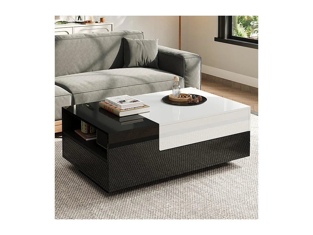 Table basse brillante plateau coulissant 1 tiroir motif cousu noir blanc grand rangement géométrique