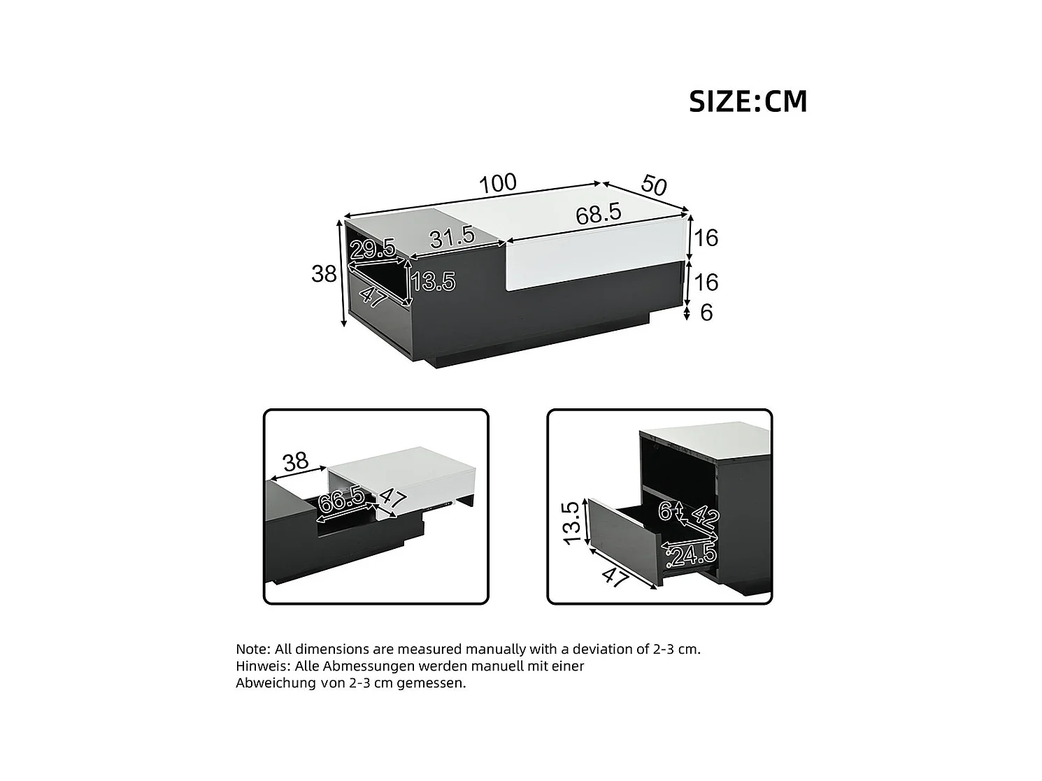Table basse brillante plateau coulissant 1 tiroir motif cousu noir blanc grand rangement géométrique