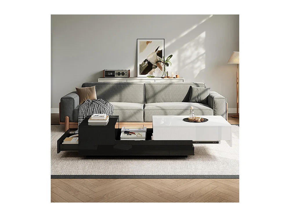 Table basse brillante plateau coulissant 1 tiroir motif cousu noir blanc grand rangement géométrique