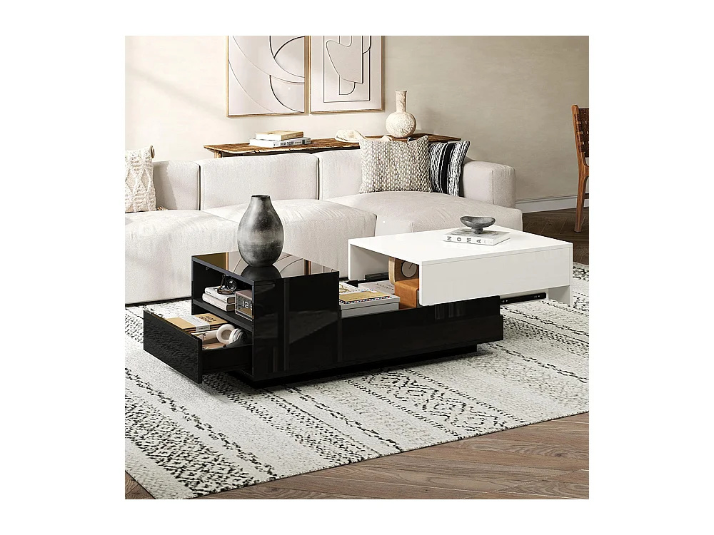 Table basse brillante plateau coulissant 1 tiroir motif cousu noir blanc grand rangement géométrique