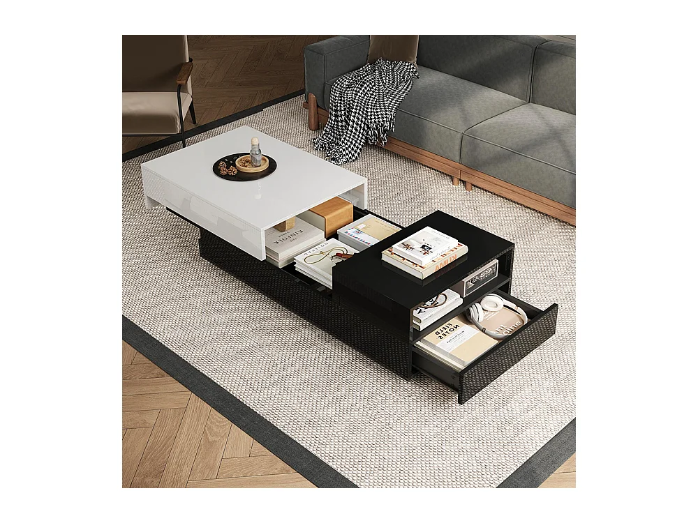 Table basse brillante plateau coulissant 1 tiroir motif cousu noir blanc grand rangement géométrique