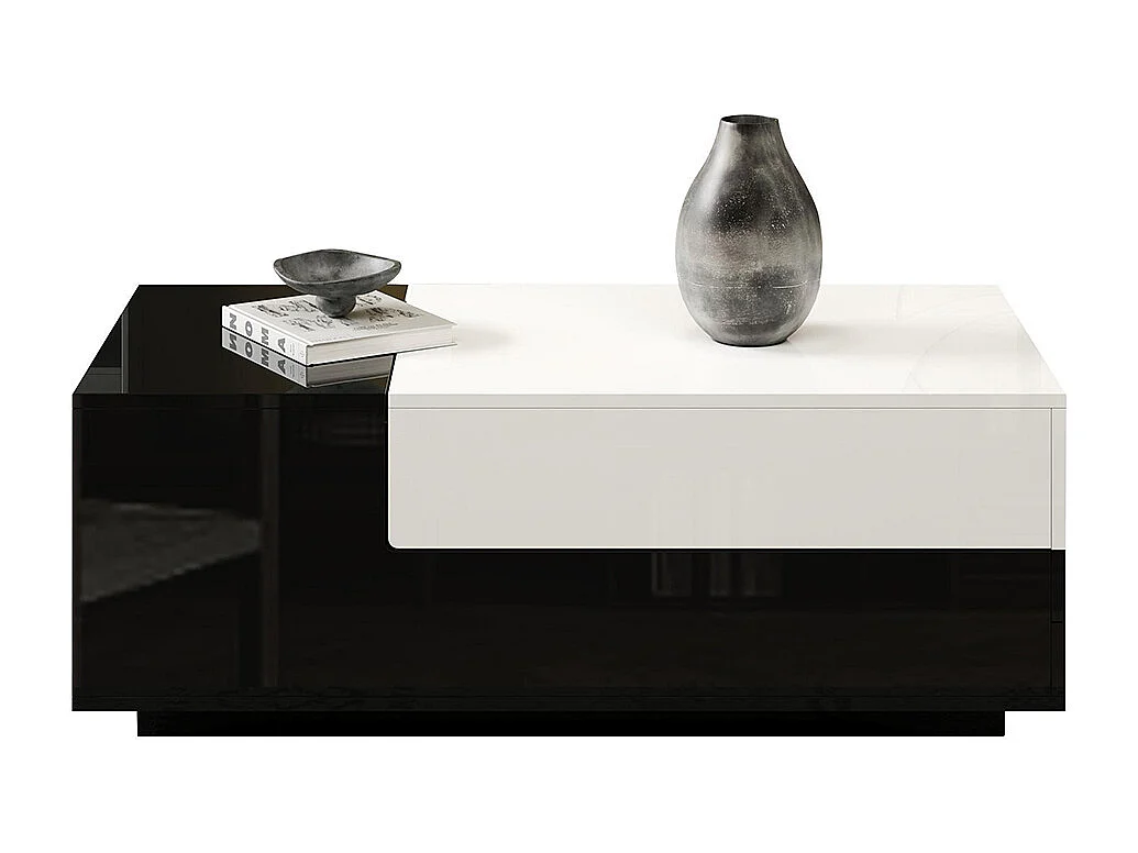 Table basse brillante plateau coulissant 1 tiroir motif cousu noir blanc grand rangement géométrique