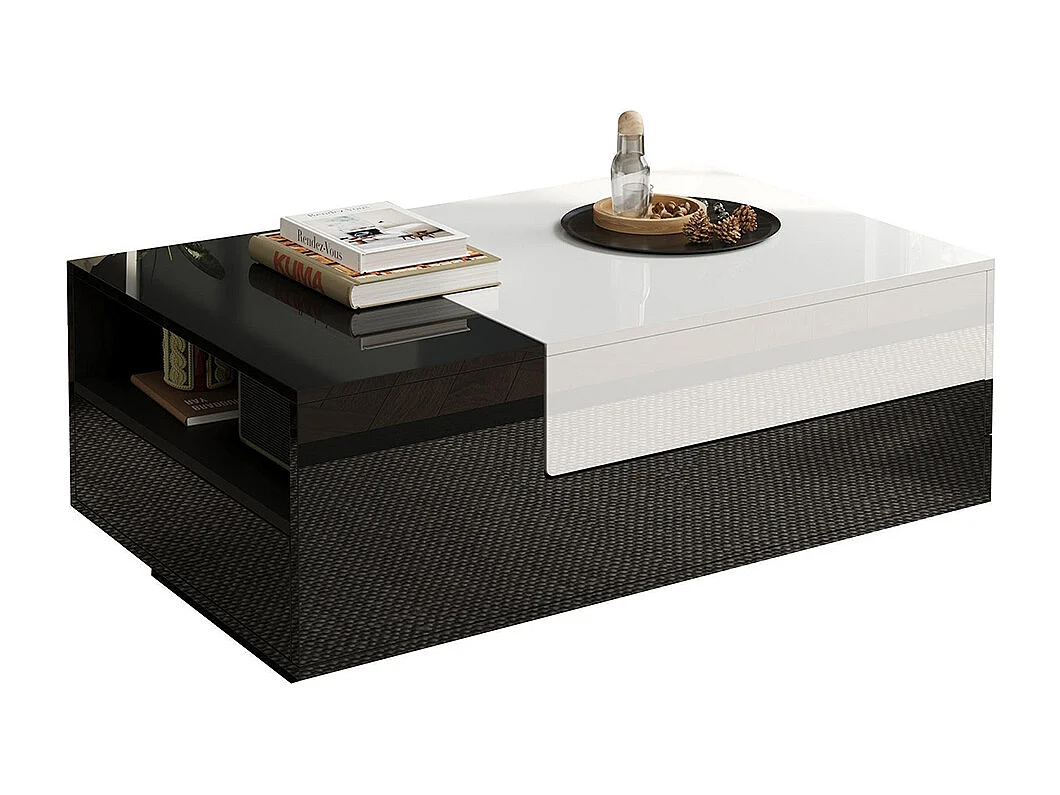 Table basse brillante plateau coulissant 1 tiroir motif cousu noir blanc grand rangement géométrique