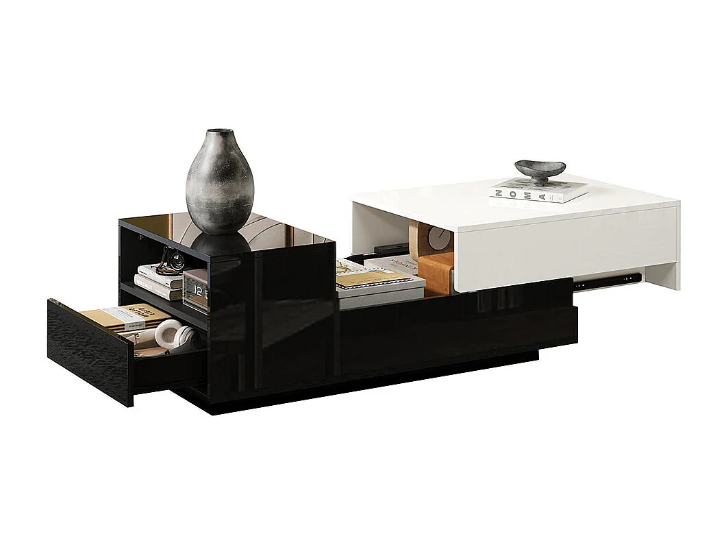 Table basse brillante plateau coulissant 1 tiroir motif cousu noir blanc grand rangement géométrique