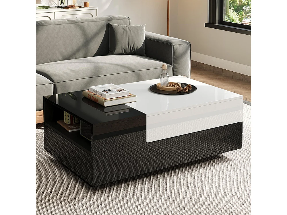Table basse brillante plateau coulissant 1 tiroir motif cousu noir blanc grand rangement géométrique