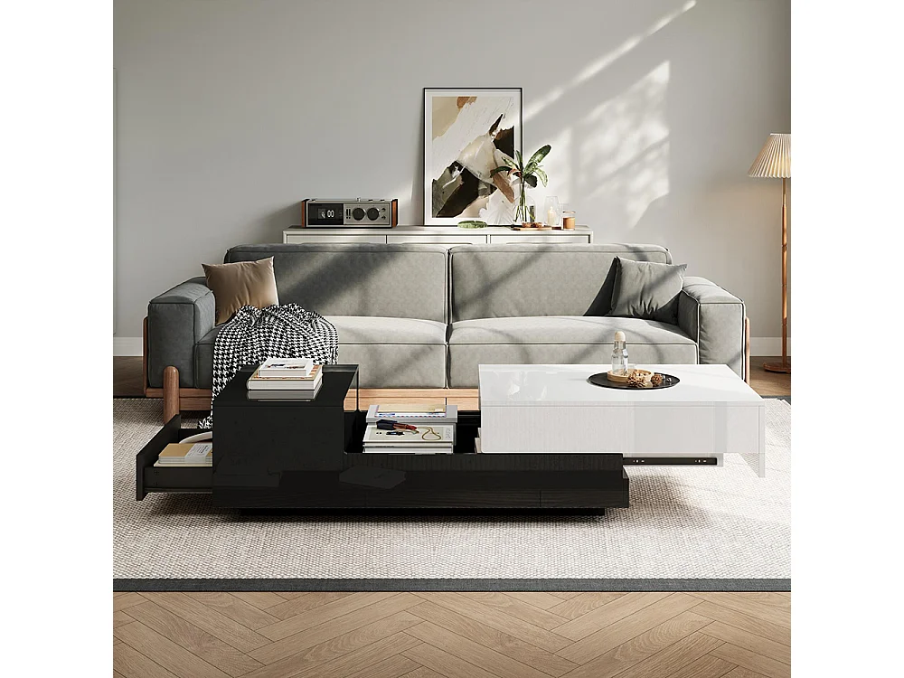Table basse brillante plateau coulissant 1 tiroir motif cousu noir blanc grand rangement géométrique
