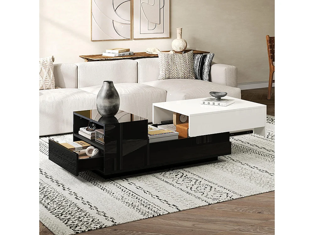 Table basse brillante plateau coulissant 1 tiroir motif cousu noir blanc grand rangement géométrique