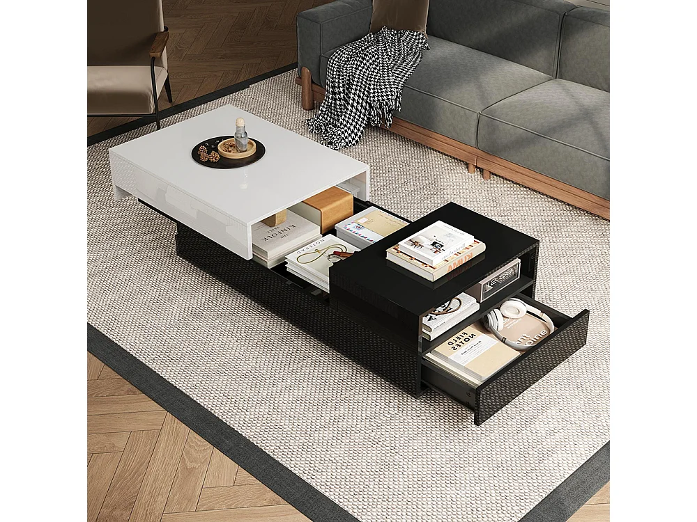 Table basse brillante plateau coulissant 1 tiroir motif cousu noir blanc grand rangement géométrique