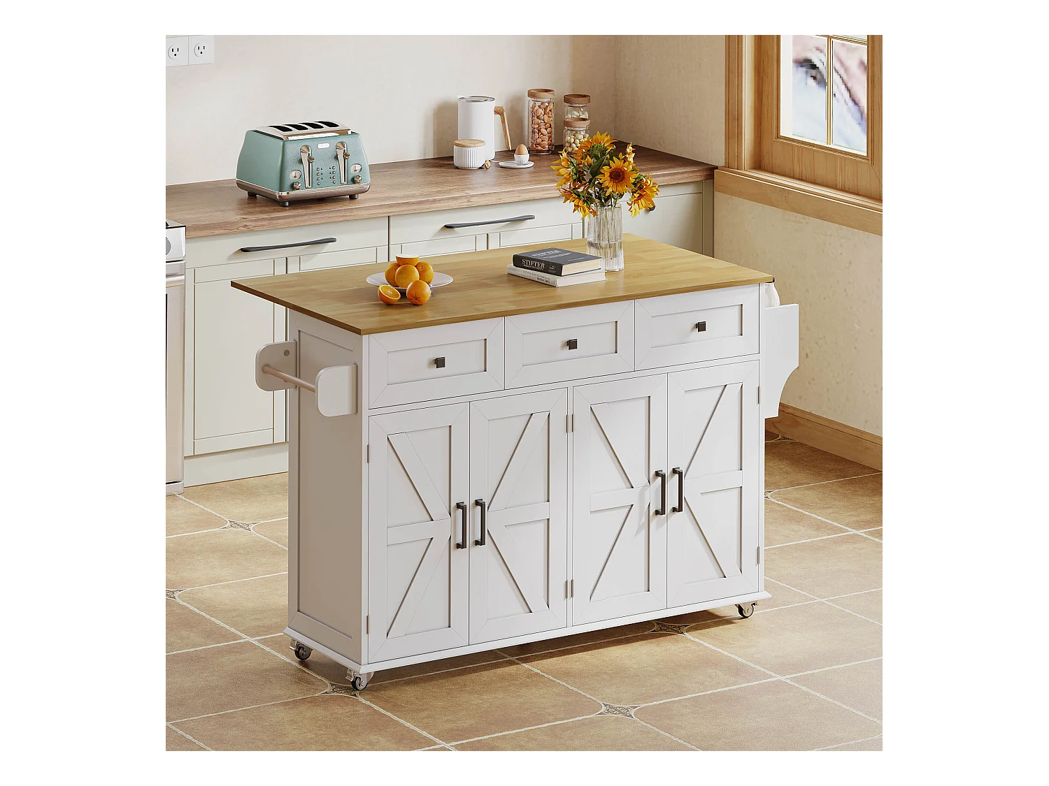 Îlot central de cuisine blanc avec 5 roulettes freinées - Desserte de cuisine avec 4 portes et 3 tiroirs - porte-serviettes et étagère à épices